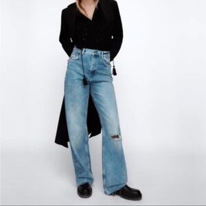 ZARA High-Rise Wide-Leg Jeans Vintage Wash Distressed Raw Hem Size 6